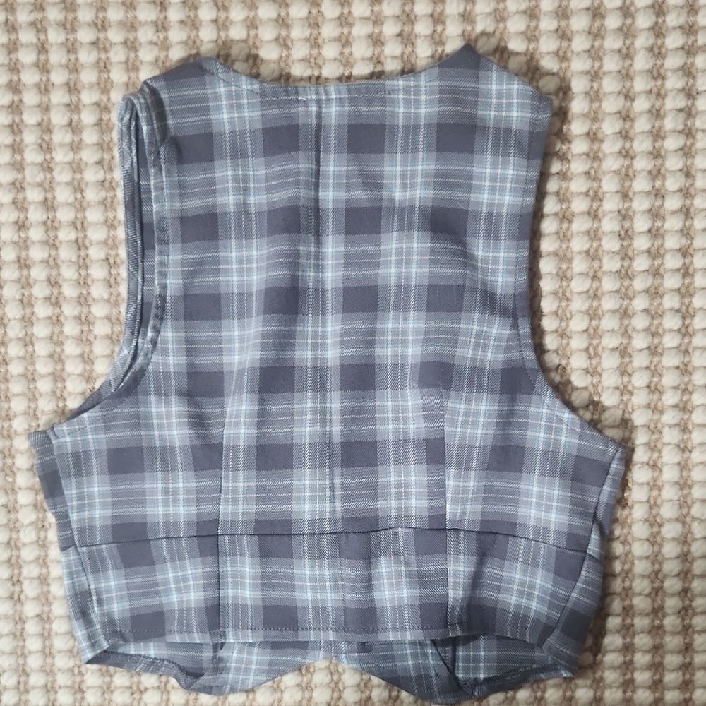 Aeropostale Blue Plaid Cropped Fitted Casual Preppy Xs Button-Up Vest - Picture 3 of 3